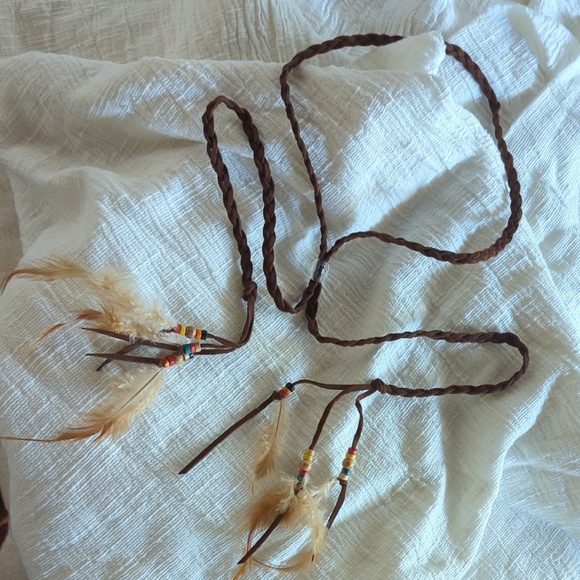 ? Brown Braided Hair Band / Necklace with Beaded Feather Accents